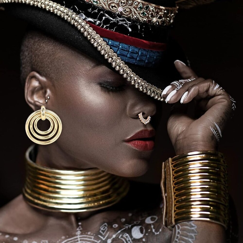 African Jewelry Set Gold Tone Tribal Costume Accessories Necklace Bracelets Earr - Picture 7 of 8